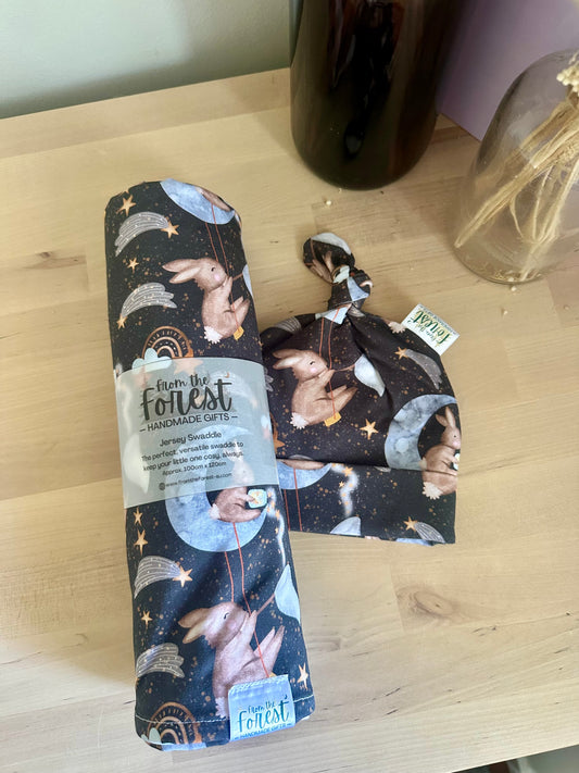 Charcoal Bunny Jersey Swaddle & Beanie